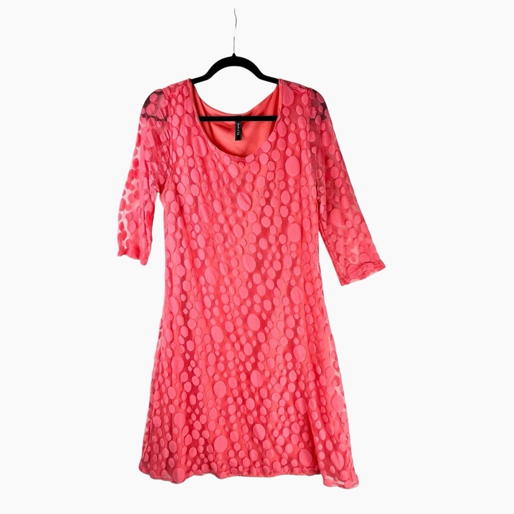 Fresh of LA Dress Salmon Pink Orange Mesh Overlay 2X Lined 3/4 Sleeve Sheer‎ Dot